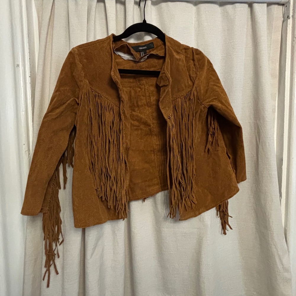 Forever 21 Brown Genuine Suede Leather Fringe Western Crop Jacket Medium